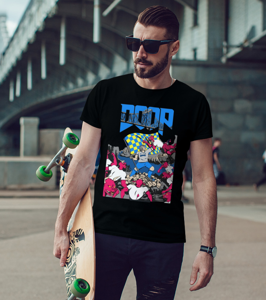 Doom Soccer Player Leading Team With Flag Surrounded By Red Demons T-Shirt