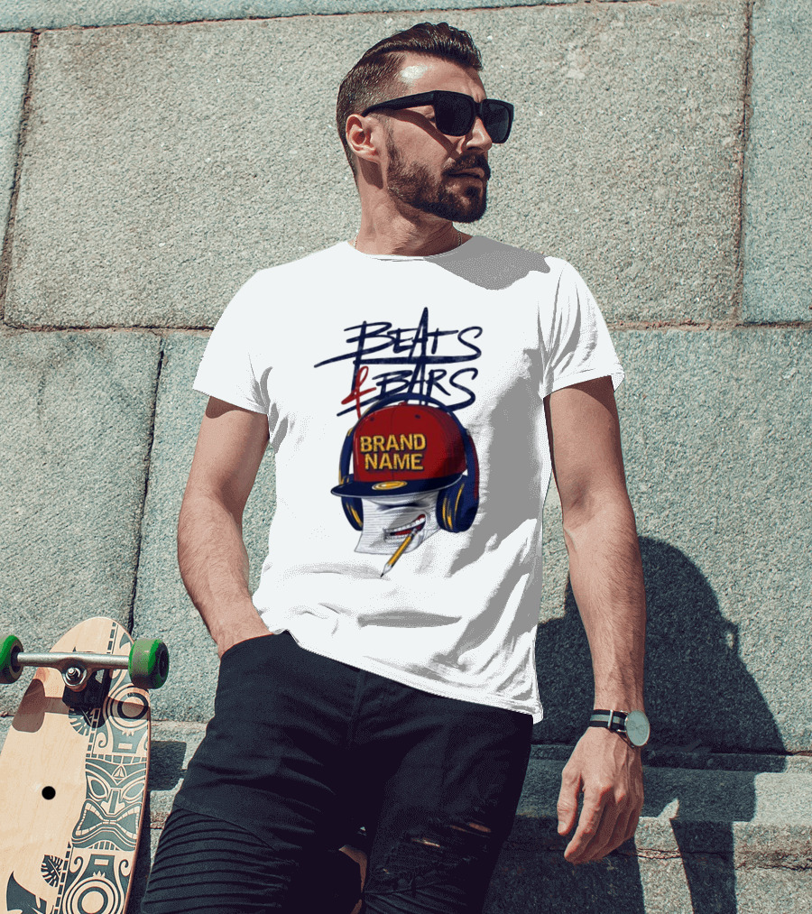 Beats And Bars Brand Name Hat Headphones Pencil Sketch T-Shirt