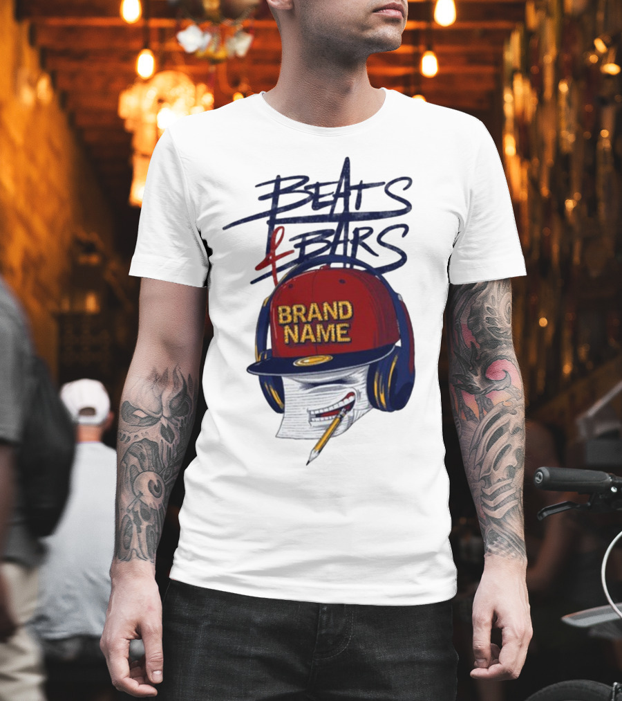 Beats And Bars Brand Name Hat Headphones Pencil Sketch T-Shirt