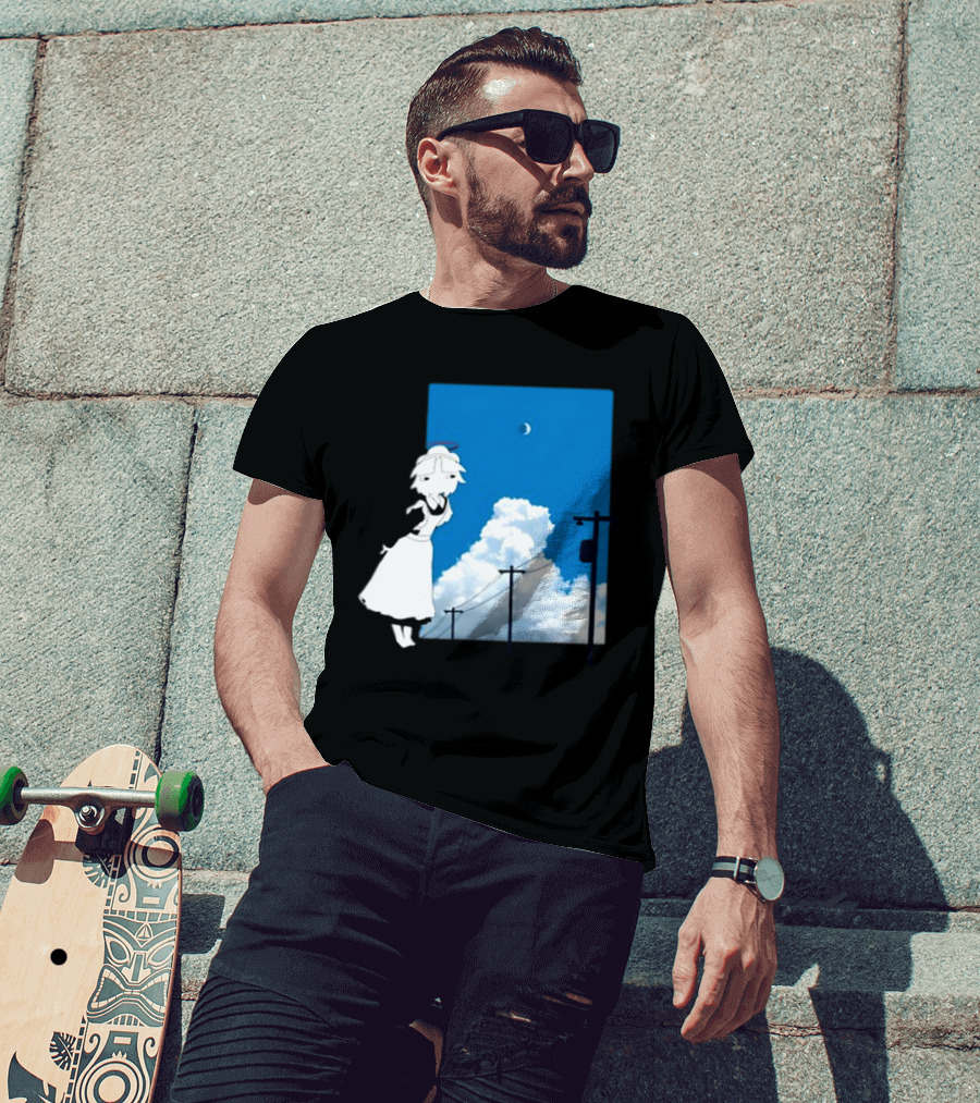 Electric Maid Under Cloudy Sky And Moon With Power Lines T-Shirt