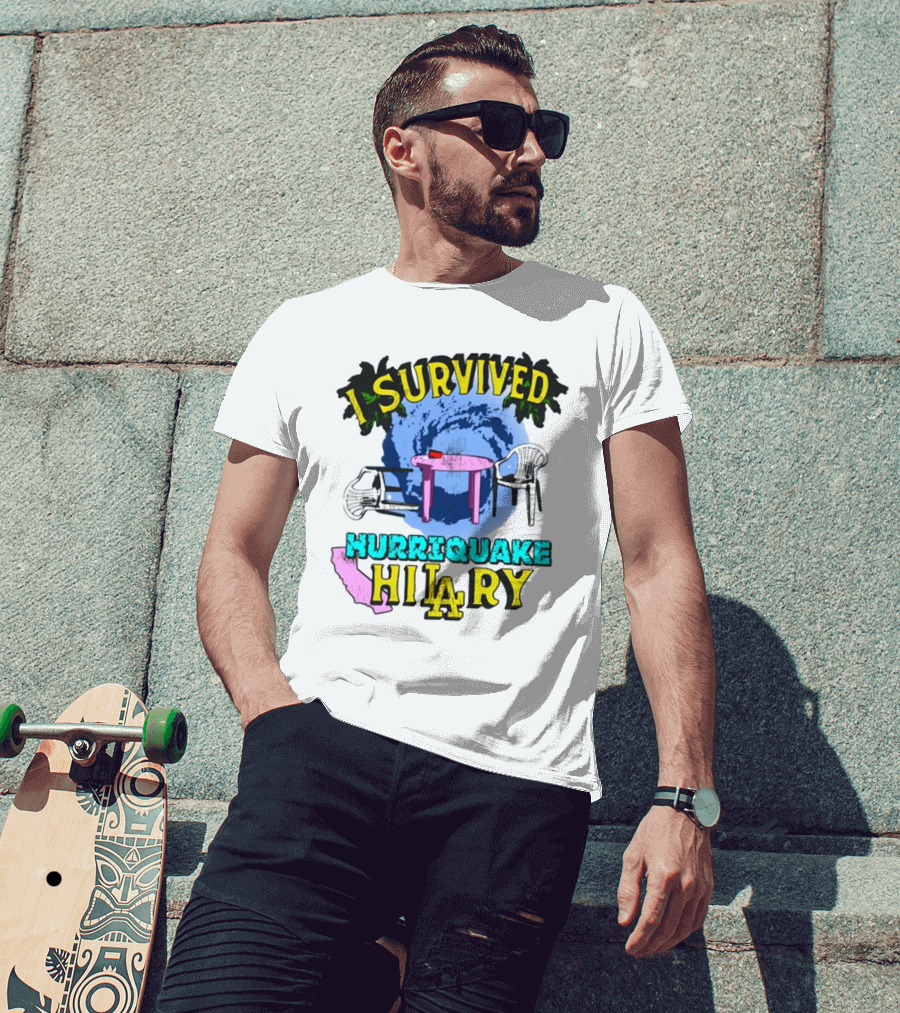 I Survived Hurriquake Hilary LA Chairs Map Swirl Table T-Shirt