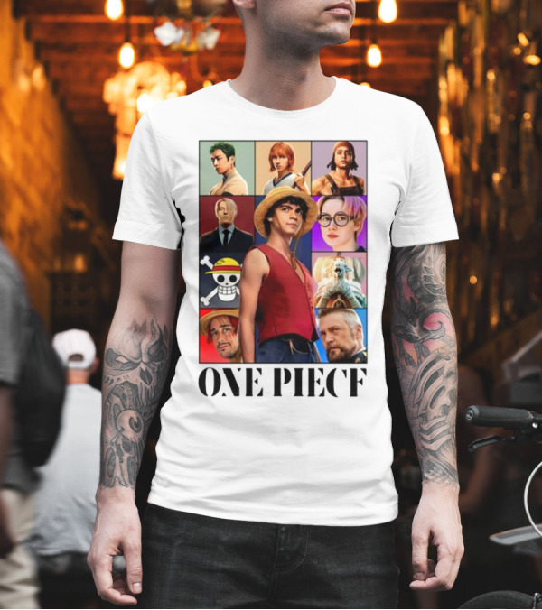 One Piece Characters Collage with Skull and Straw Hat T-Shirt One Piece Characters Collage with Skull and Straw Hat T-Shirt