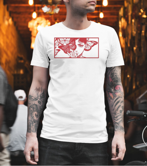 Maxmusic Enigmatic Red Butterflies and Woman in Rectangular Frame T-Shirt Maxmusic Enigmatic Red Butterflies and Woman in Rectangular Frame T-Shirt