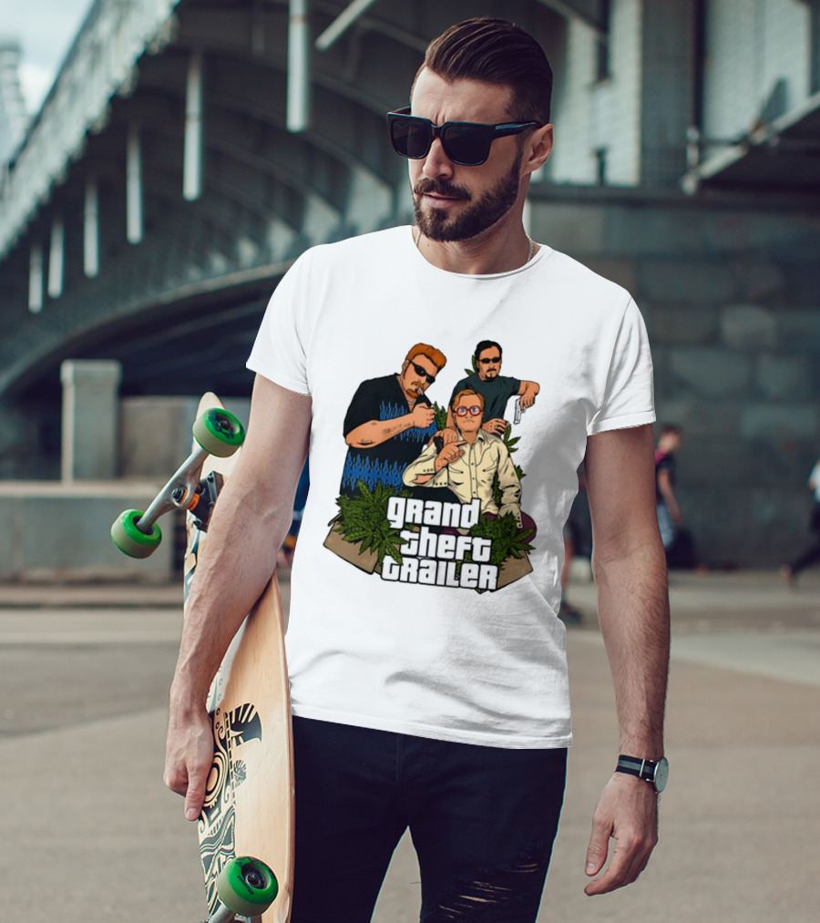 Grand Theft Trailer Cannabis Comedy Trio With Sunglasses And Pistol T-Shirt