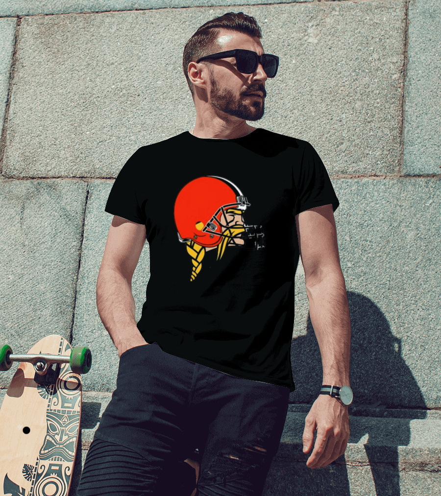 Vikings Helmet Featuring Browns Colors And Iconic Braided Warrior T-Shirt