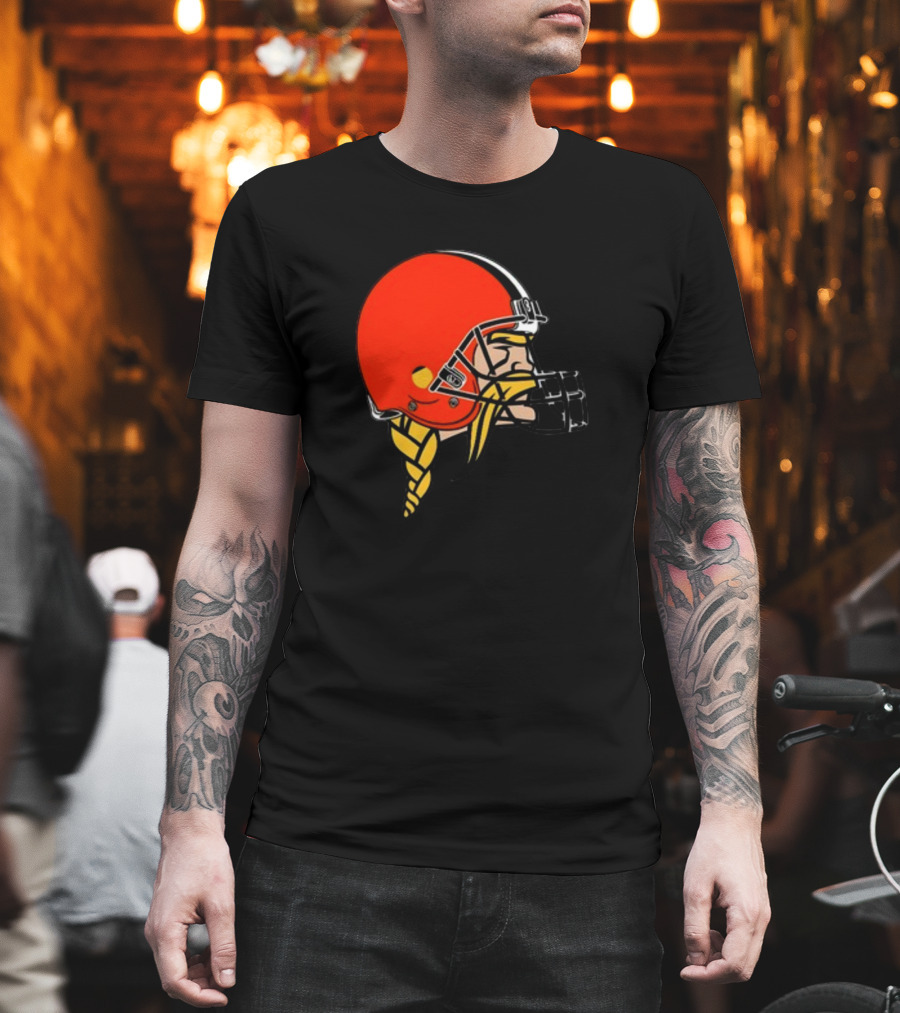 Vikings Helmet Featuring Browns Colors and Iconic Braided Warrior T-Shirt