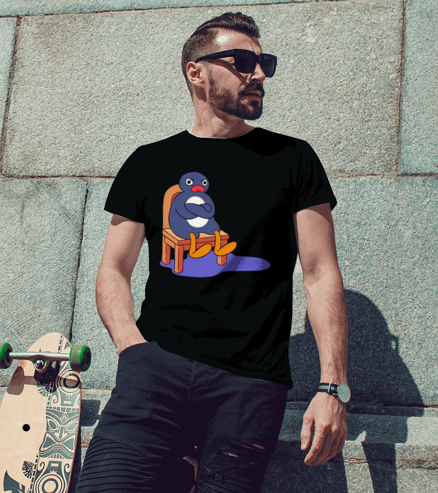 Everything Is Dumb And I Wanna Go Home Grumpy Penguin Sitting On Chair T-Shirt