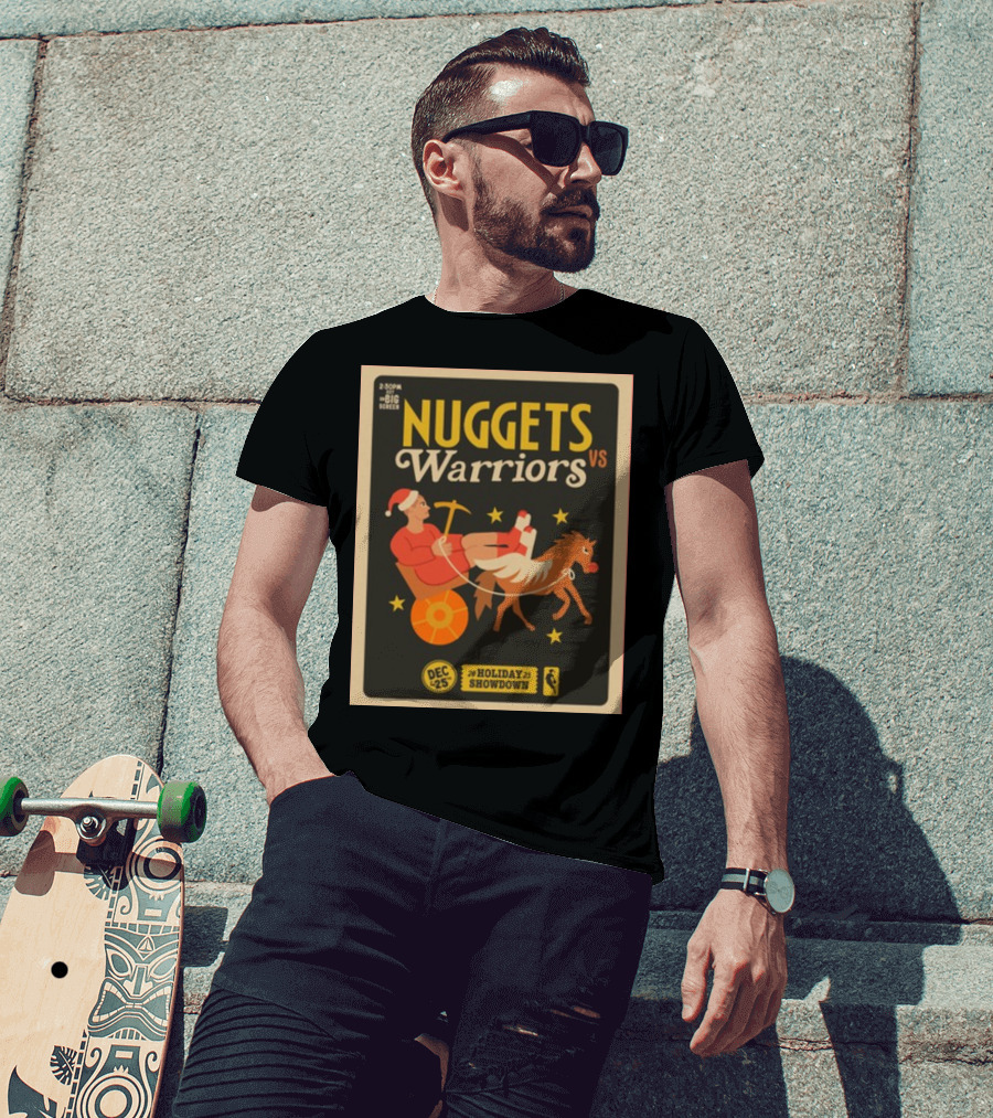 Nuggets Vs Warriors Big Screen 25th December Holiday Showdown Santa Riding Horse T-Shirt
