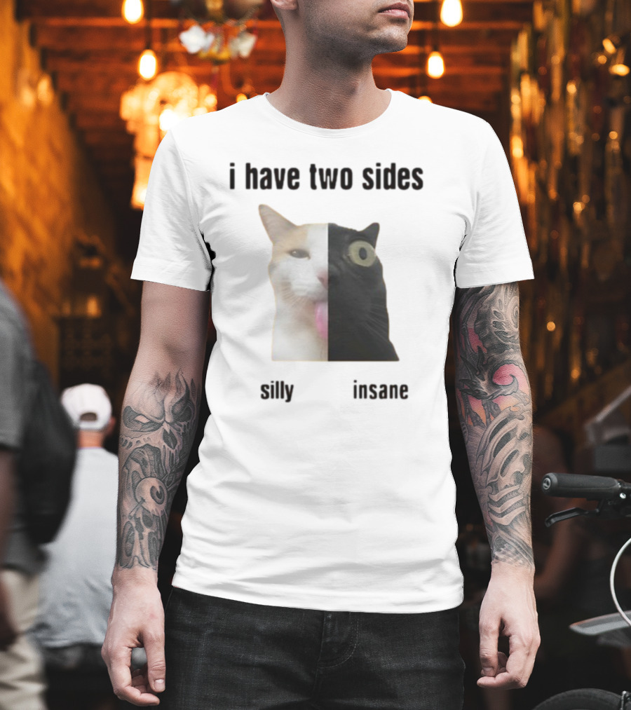 I Have Two Sides Silly Insane Cat Face Split T-Shirt
