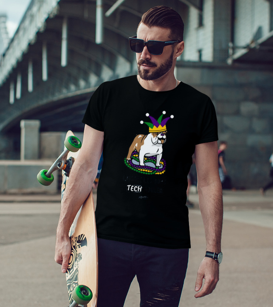 Laissez Les Bons Tech Rouler Bulldog With Mardi Gras Beads And Jester Hat Glitch T-Shirt