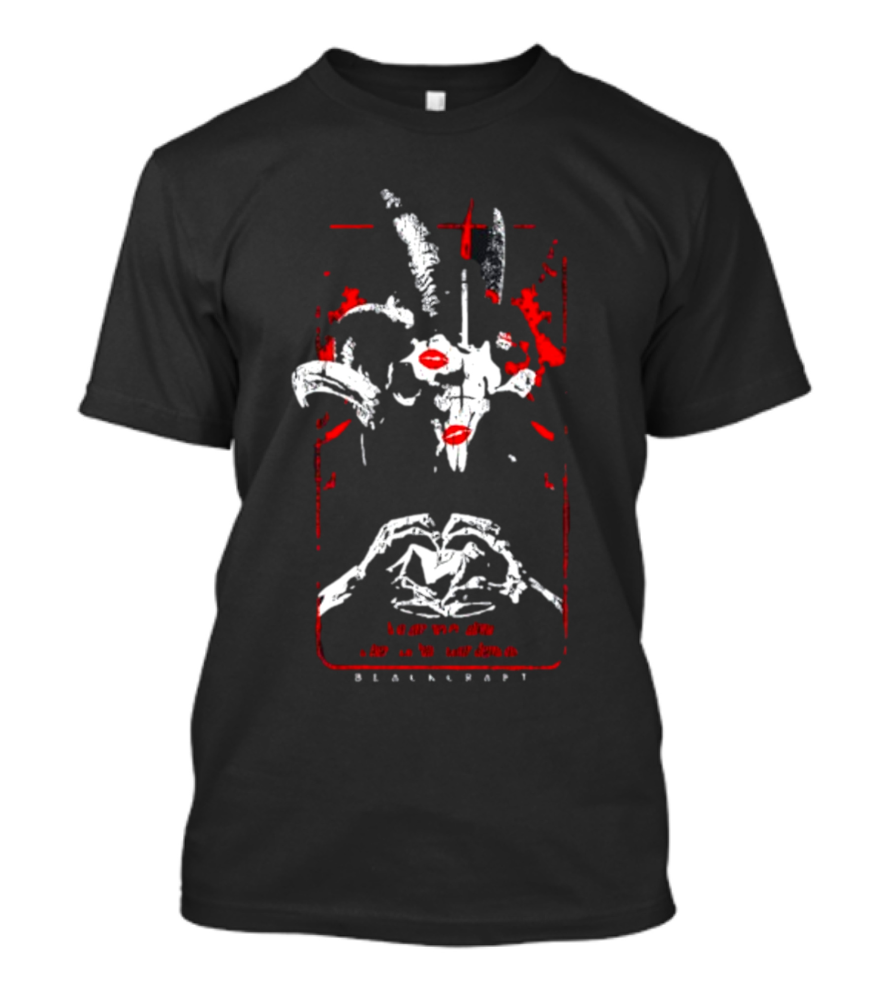 Blackcraftcult Demonic Goat Skull With Red Accents And Hand Heart T-Shirt