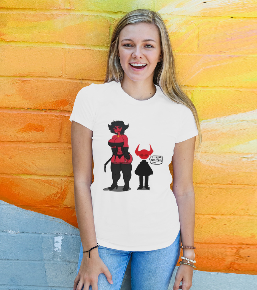 Thewboy Red Character With Devil Horns I Think She Likes You T-Shirt