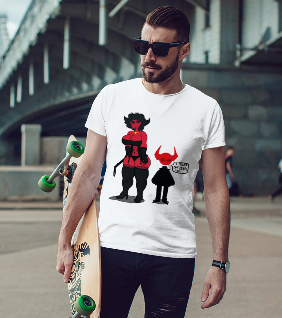 Thewboy Red Character With Devil Horns I Think She Likes You T-Shirt