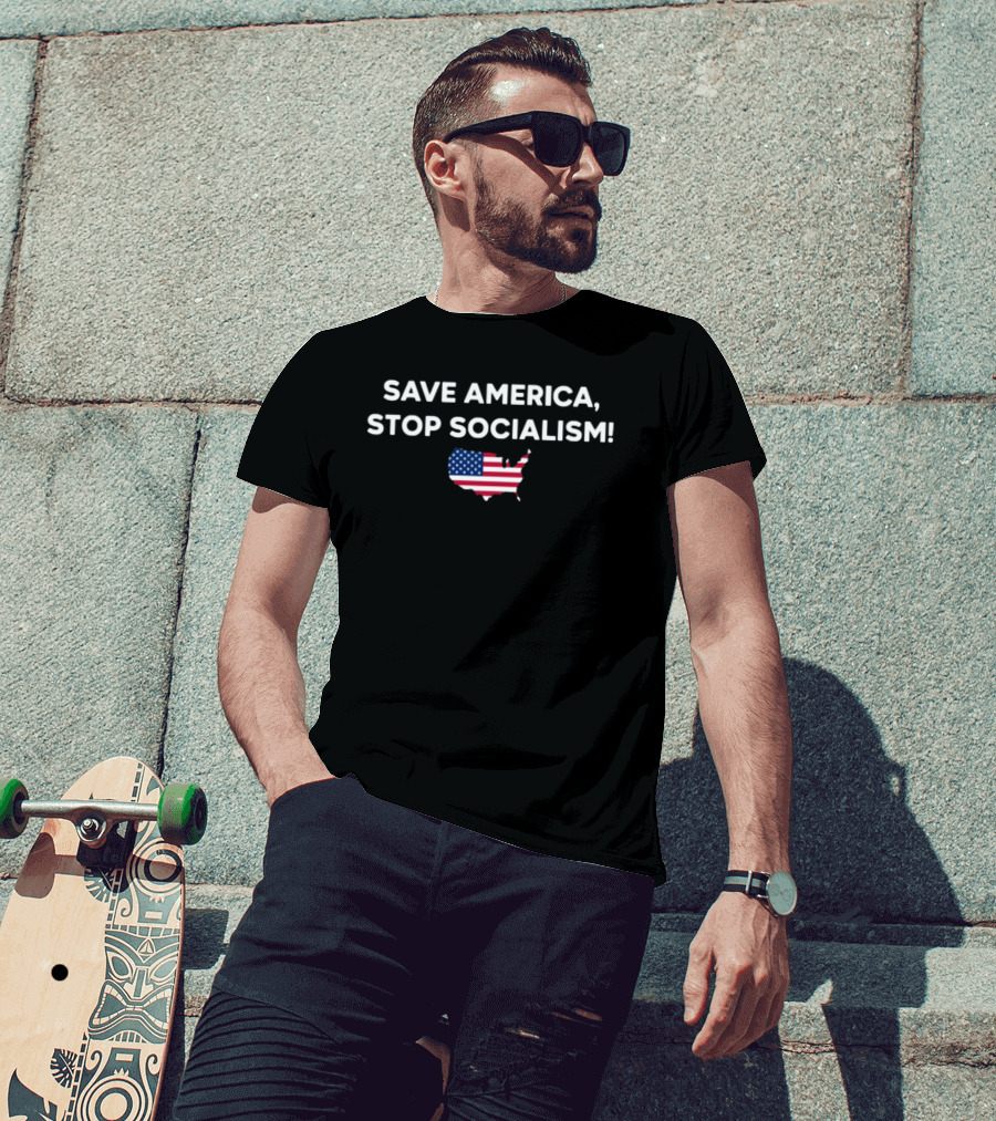 Save America Stop Socialism With American Flag Map T-Shirt