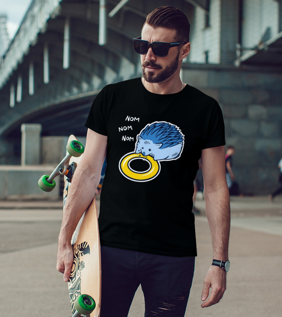 Sam Logan Hungry Blue Hedgehog Nom Nom Nom Eating Yellow Ring T-Shirt