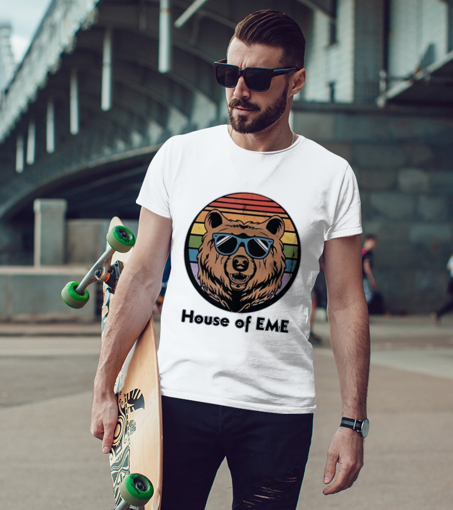 Migs Santillan House Of EME Bear Logo Sunglasses Rainbow Background T-Shirt