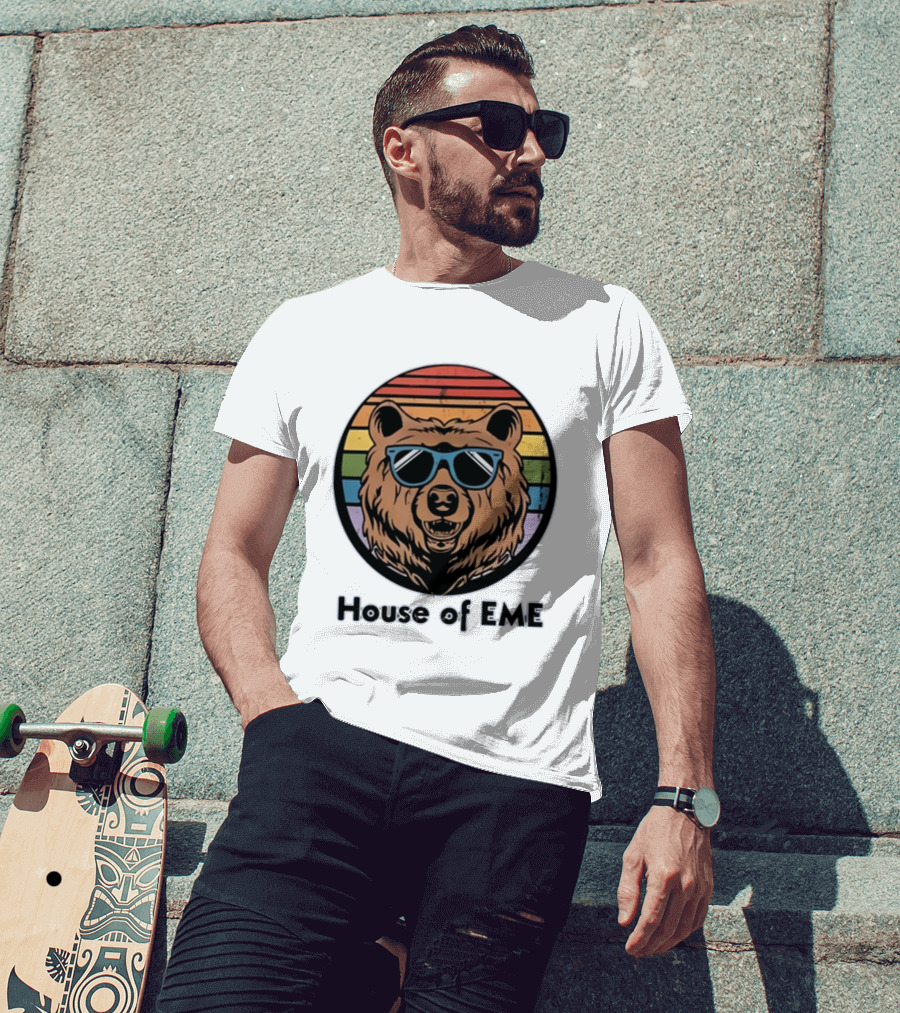 Migs Santillan House Of EME Bear Logo Sunglasses Rainbow Background T-Shirt