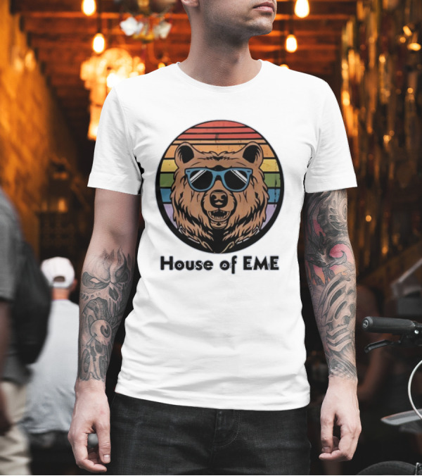 Migs Santillan House Of EME Bear Logo Sunglasses Rainbow Background T-Shirt Migs Santillan House Of EME Bear Logo Sunglasses Rainbow Background T-Shirt