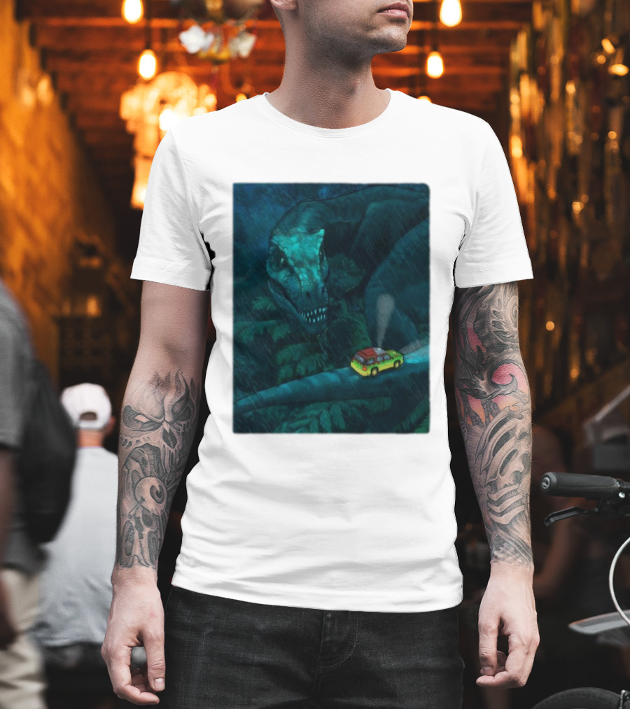 Jurassic Park T-Rex And SUV Night Scene Rainy Adventure T-Shirt