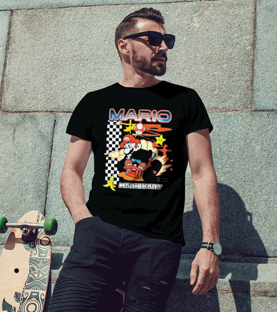 Mario Kart Racing Finish Line Checkered Flag Banana Stars T-Shirt
