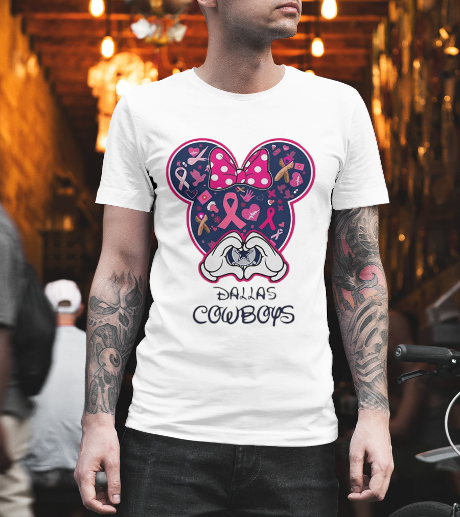 Minnie Mouse Pink Ribbon Heart Hands Dallas Cowboys Breast Cancer Awareness T-Shirt