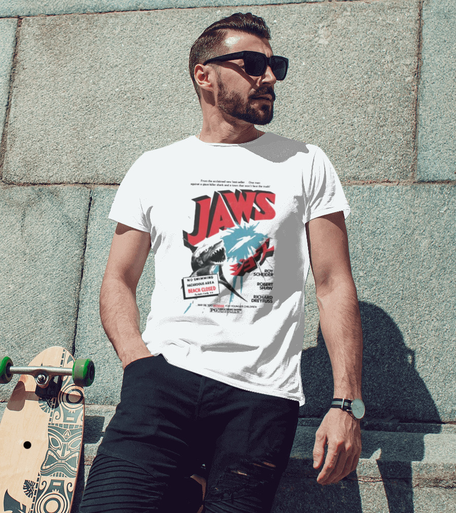 Jaws One Man Against A Giant Killer Shark Beach Closed Hazardous Area Roy Scheider Robert Shaw Richard Dreyfuss T-Shirt