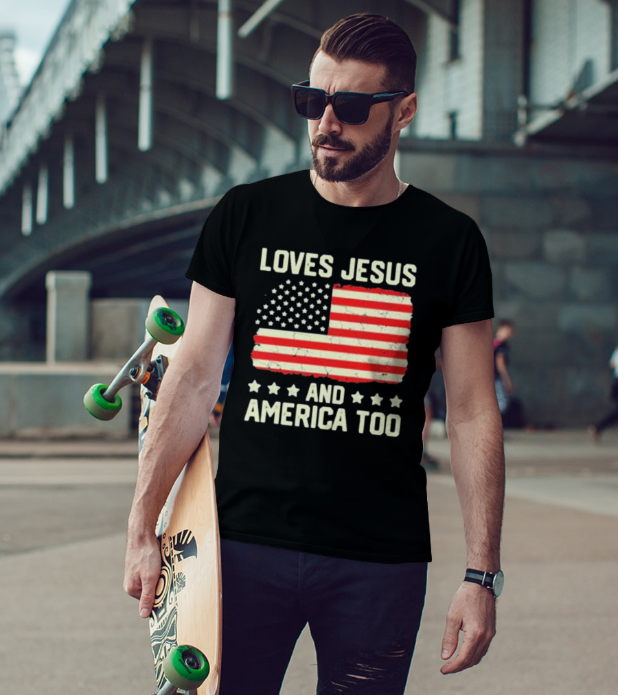 Loves Jesus And America Too Vintage Independence Day Flag T-Shirt