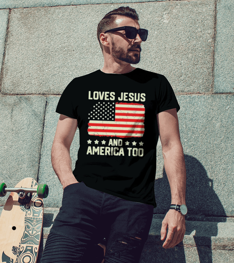 Loves Jesus And America Too Vintage Independence Day Flag T-Shirt