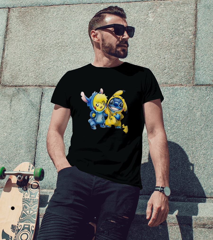 Disney Lilo Stitch Pikachu Pokemon Crossover Character T-Shirt