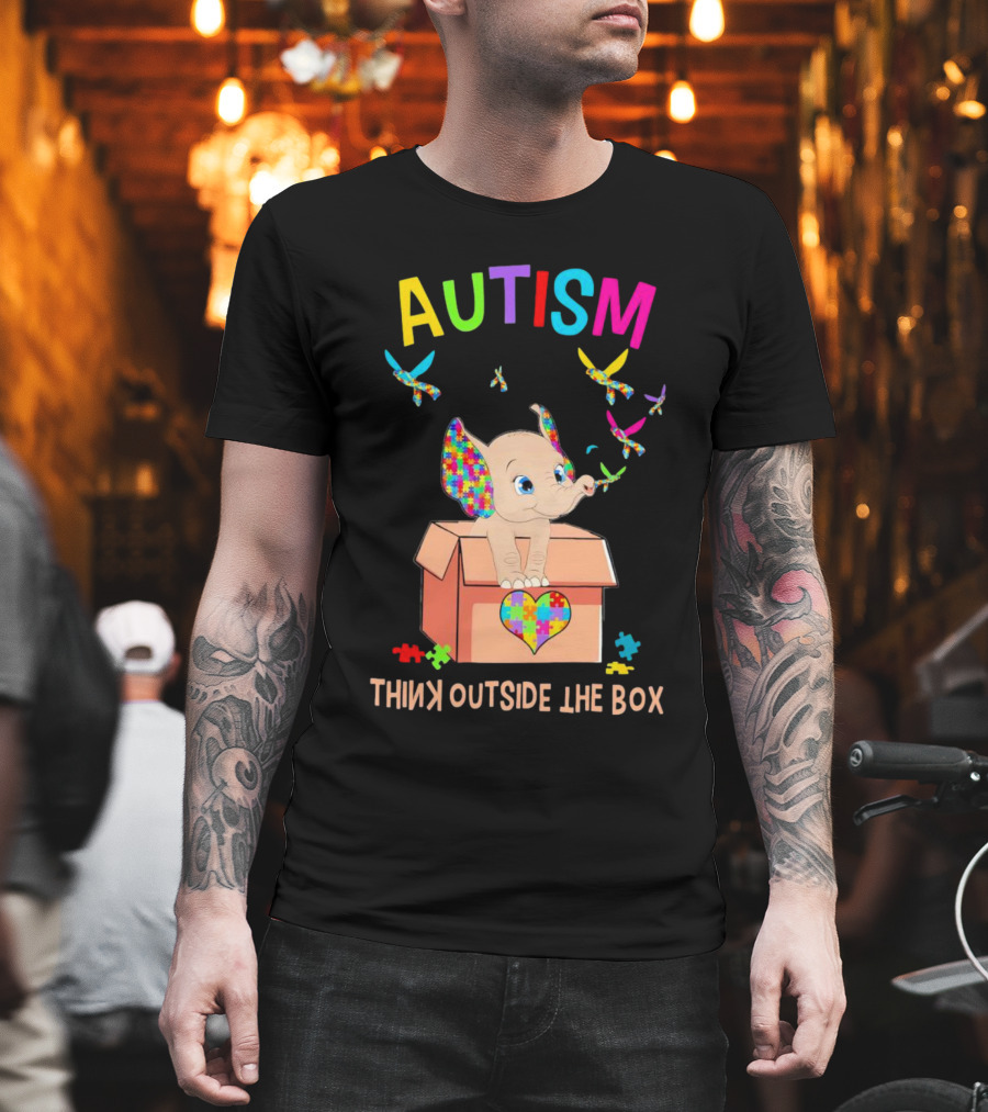 AUTISM Think Outside The Box Elephant With Puzzle Pieces and Butterflies T-Shirt