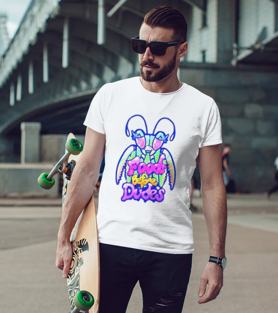 Mantis Neon Foods Before Dudes Colorful Insect Motif T-Shirt