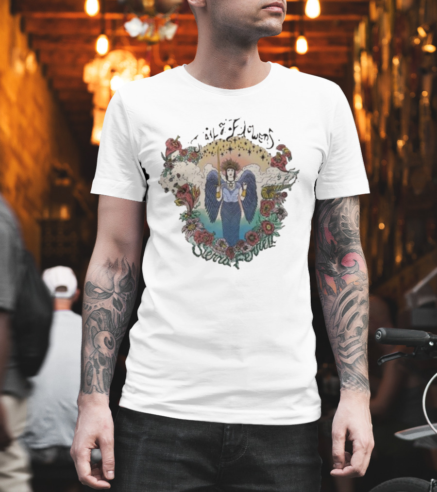 Sierra Ferrell Trail of Flowers Angelic Winged Figure Surrounded by Floral Frame T-Shirt