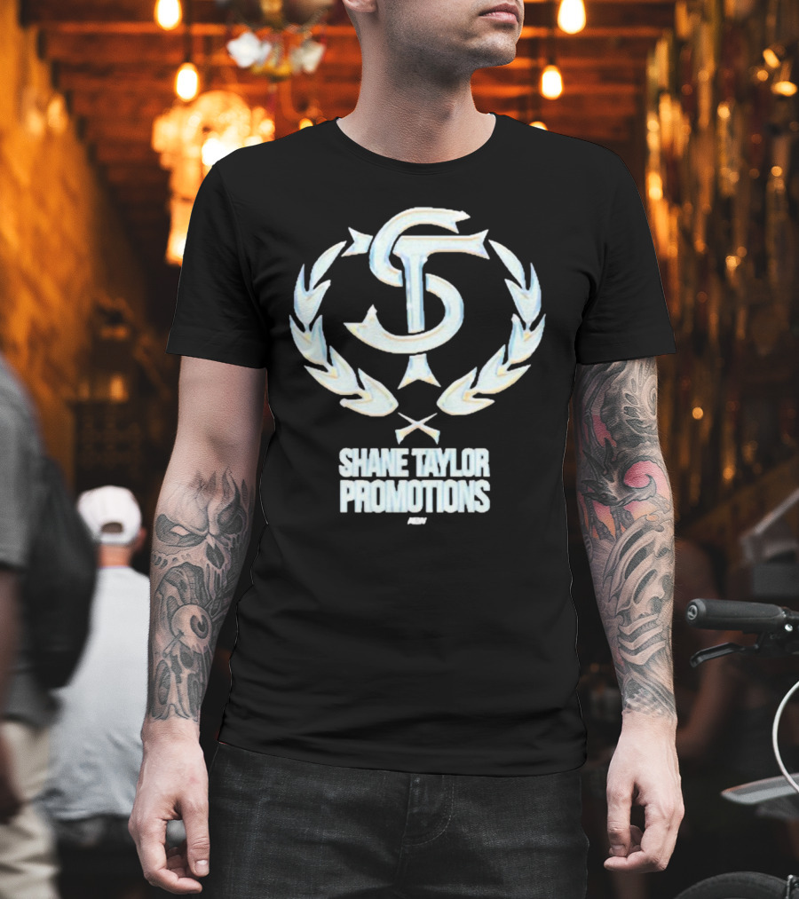 Shane Taylor Promotions ST Logo with Wreath Symbol Above AEW Text T-Shirt