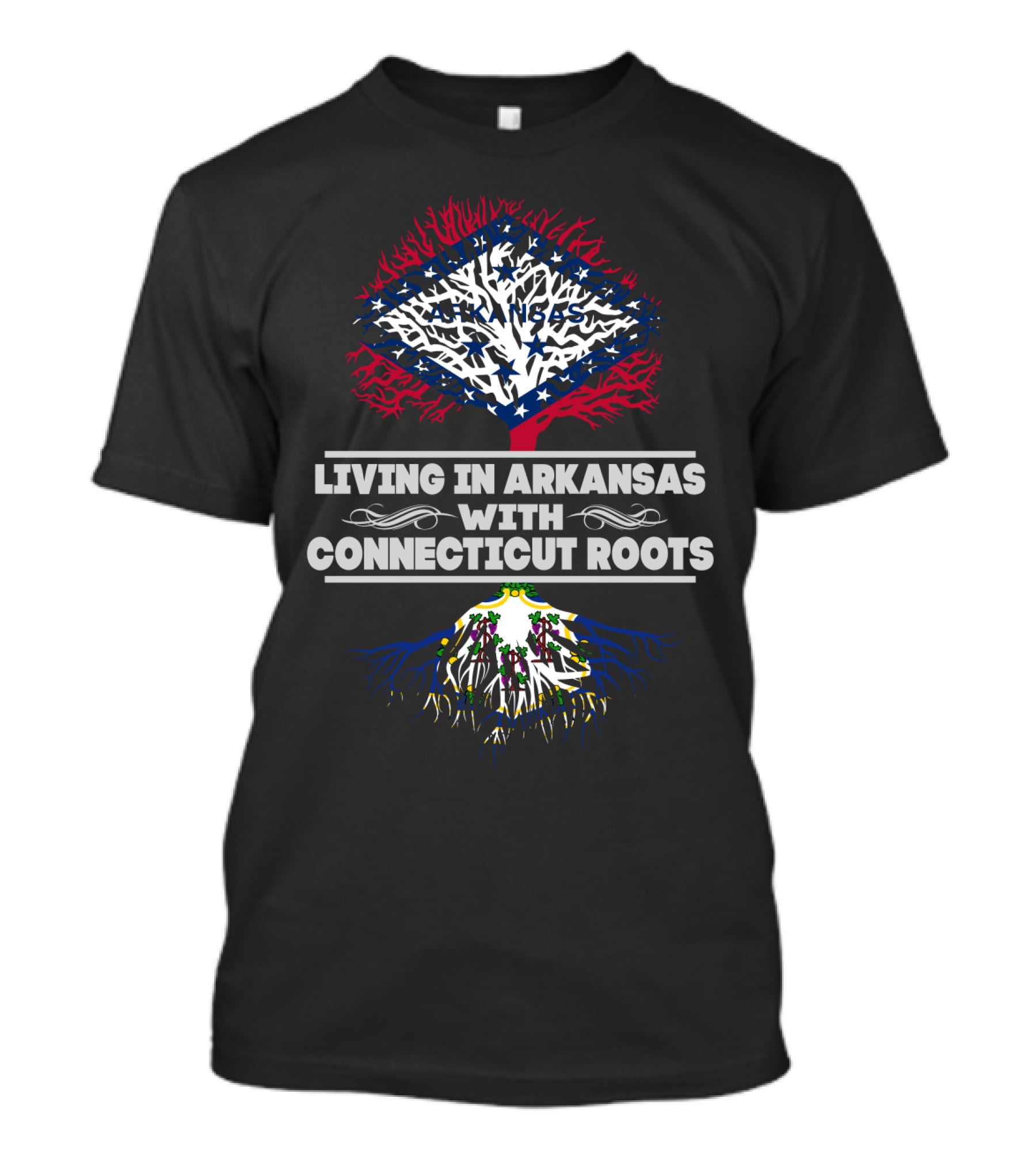 Arkansas Living With Connecticut Roots Tree Design Featuring State Flag Colors And Symbols T-Shirt