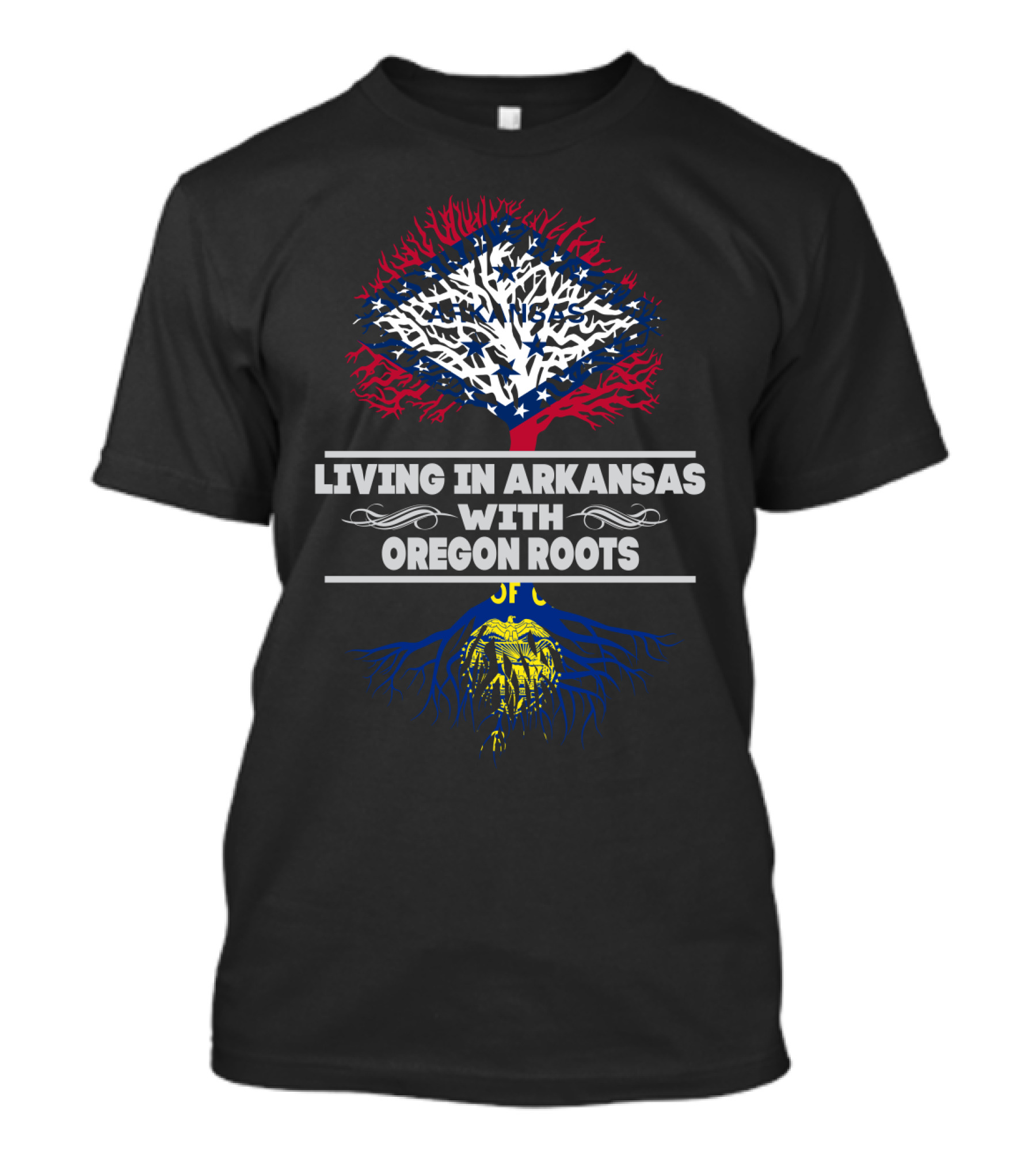 Living In Arkansas With Oregon Roots Patriotic Tree Design Featuring State Flag Elements T-Shirt