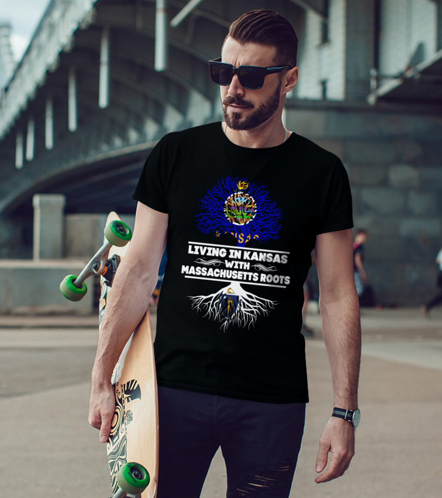 Living In Kansas With Massachusetts Roots Kansas Flag Tree Design Massachusetts Flag Roots T-Shirt