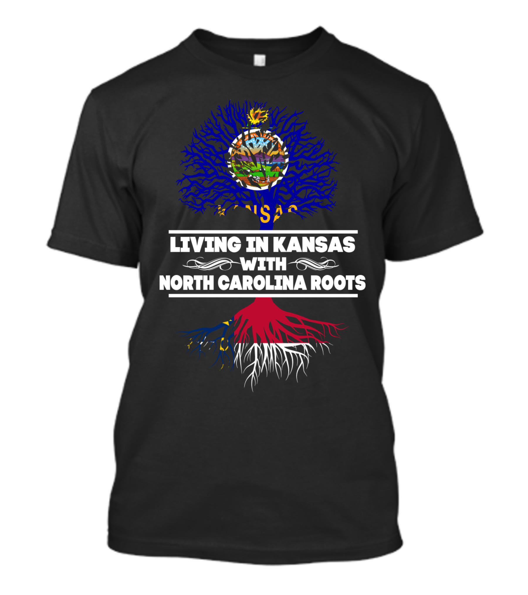 Kansas Living Embraced By North Carolina Roots With State Flag Tree T-Shirt