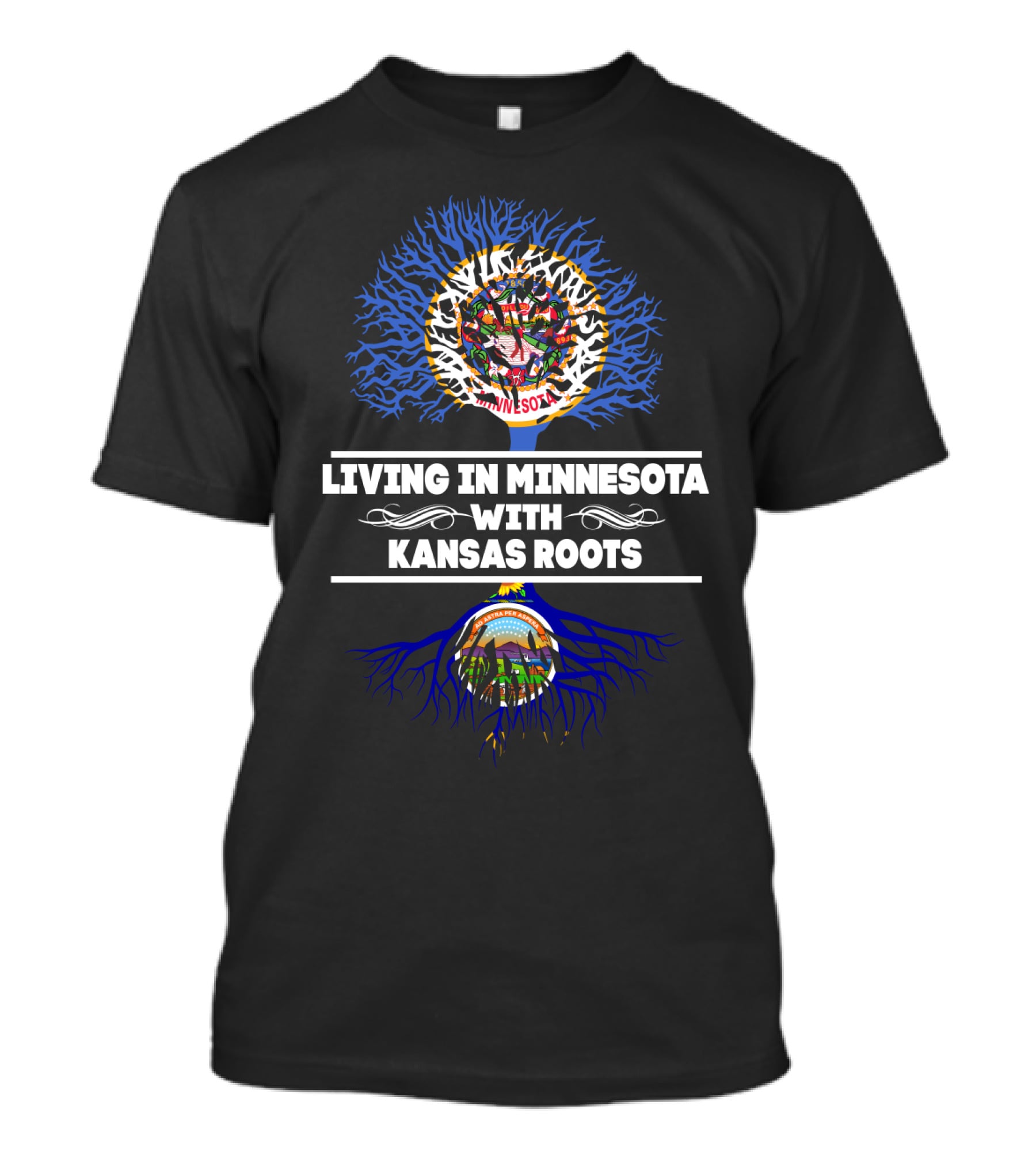 Minnesota Living With Deep Kansas Roots Featuring State Flags And Tree Symbolism T-Shirt
