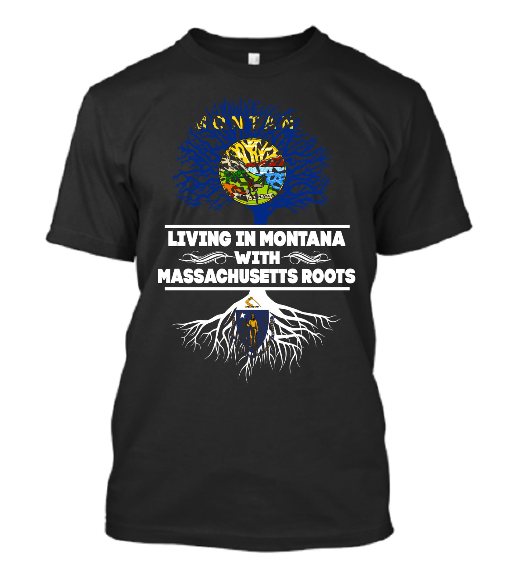 Living In Montana With Massachusetts Roots Tree Graphic Featuring State Flag Elements T-Shirt