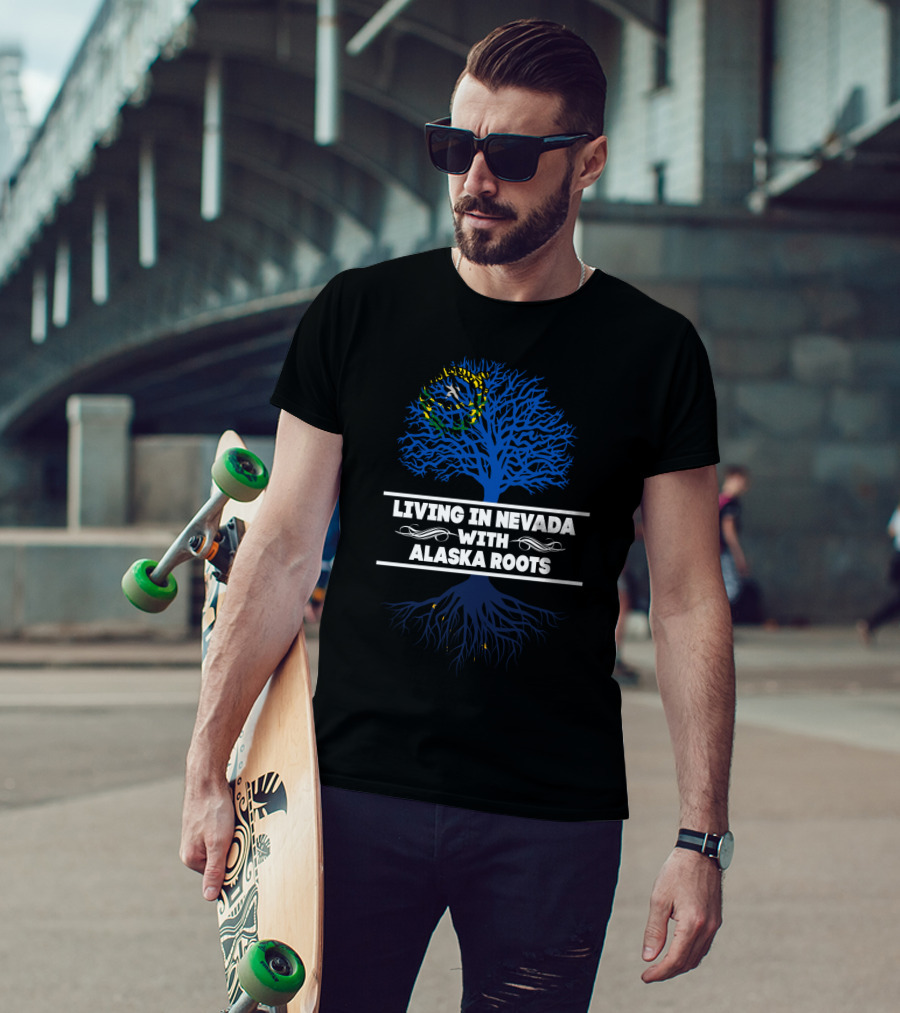 Living In Nevada With Alaska Roots Decorative Blue Tree And Yellow Stars T-Shirt