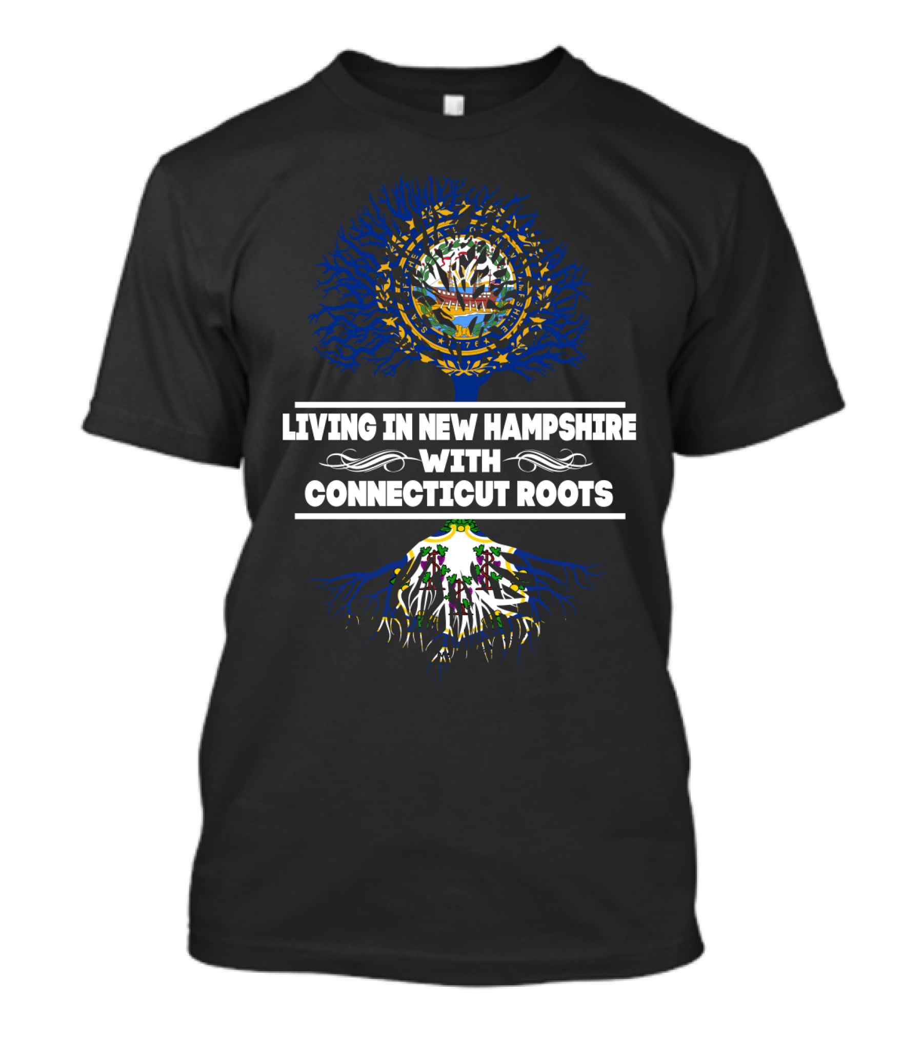 Living In New Hampshire With Strong Connecticut Roots Featuring Tree Imagery And State Flags T-Shirt