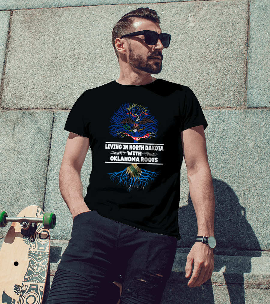Living In North Dakota With Oklahoma Roots North Dakota Flag And Tree T-Shirt