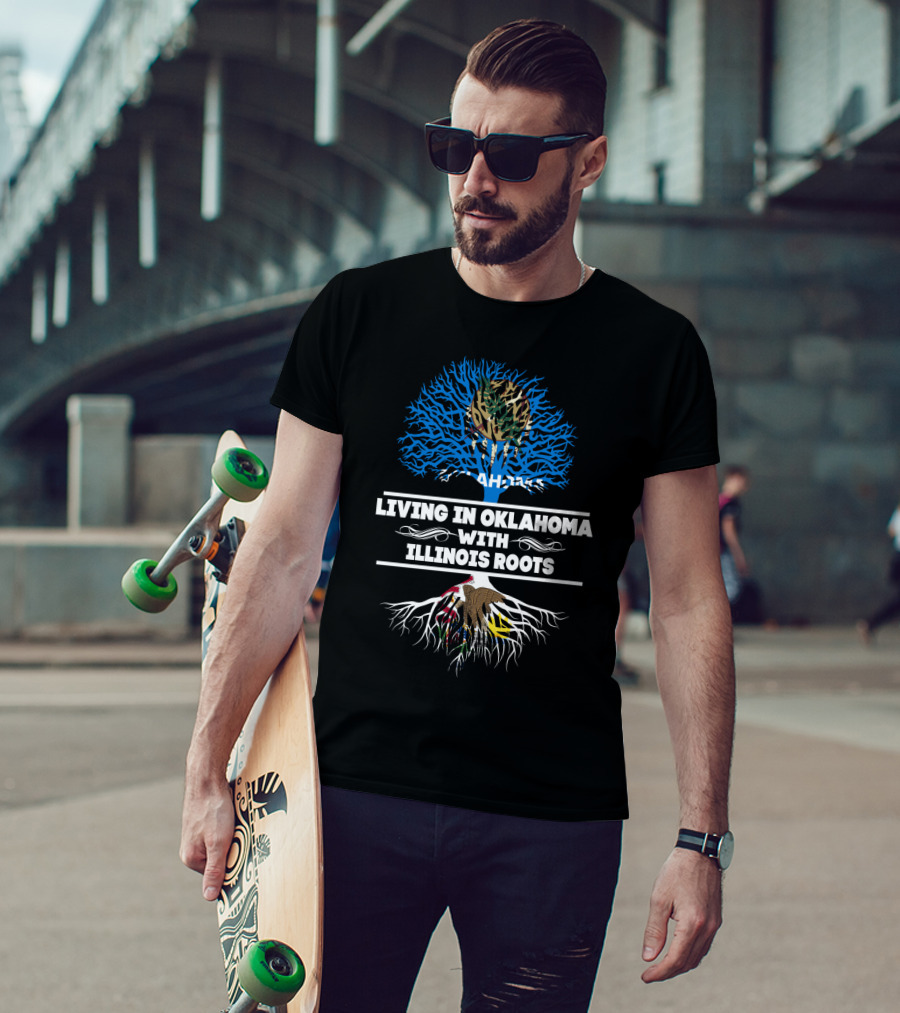 Living In Oklahoma With Illinois Roots Tree Graphic State Pride T-Shirt