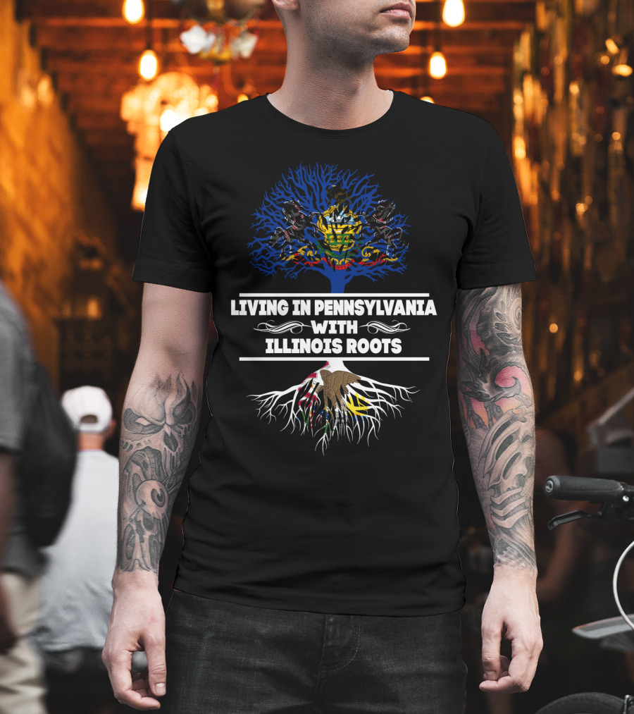 Living in Pennsylvania with Illinois Roots Tree Featuring State Symbols T-Shirt
