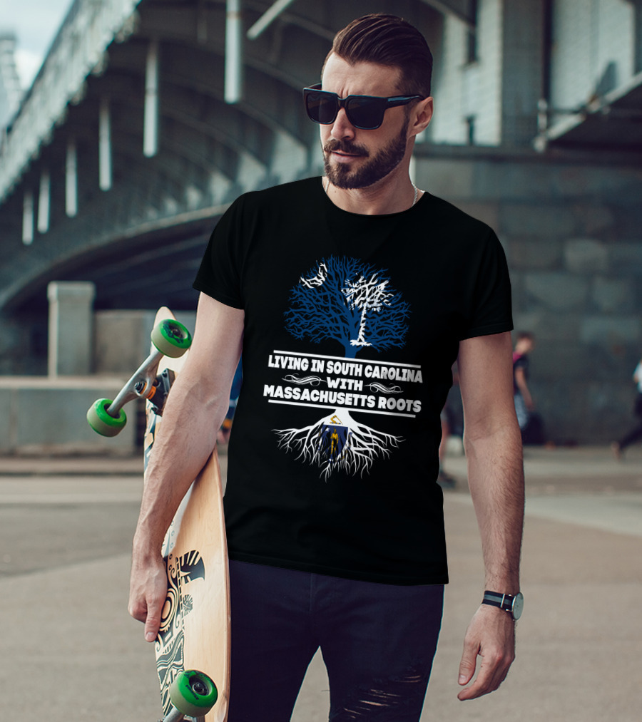 Living In South Carolina With Massachusetts Roots Tree And State Flag Symbolism T-Shirt