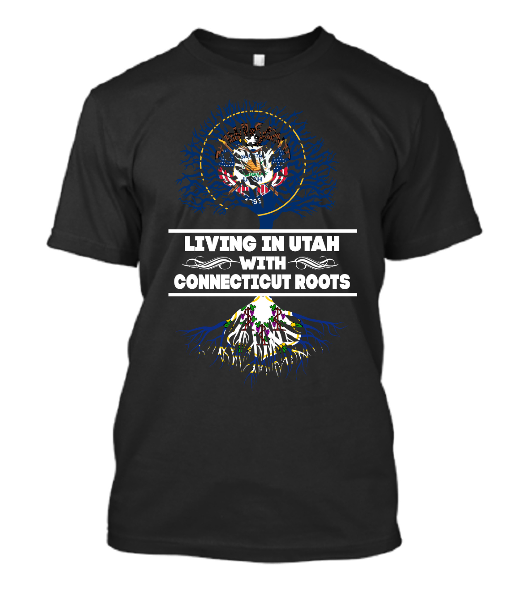 Utah State Emblem With Connecticut Tree Roots: Living In Utah With Connecticut Roots T-Shirt