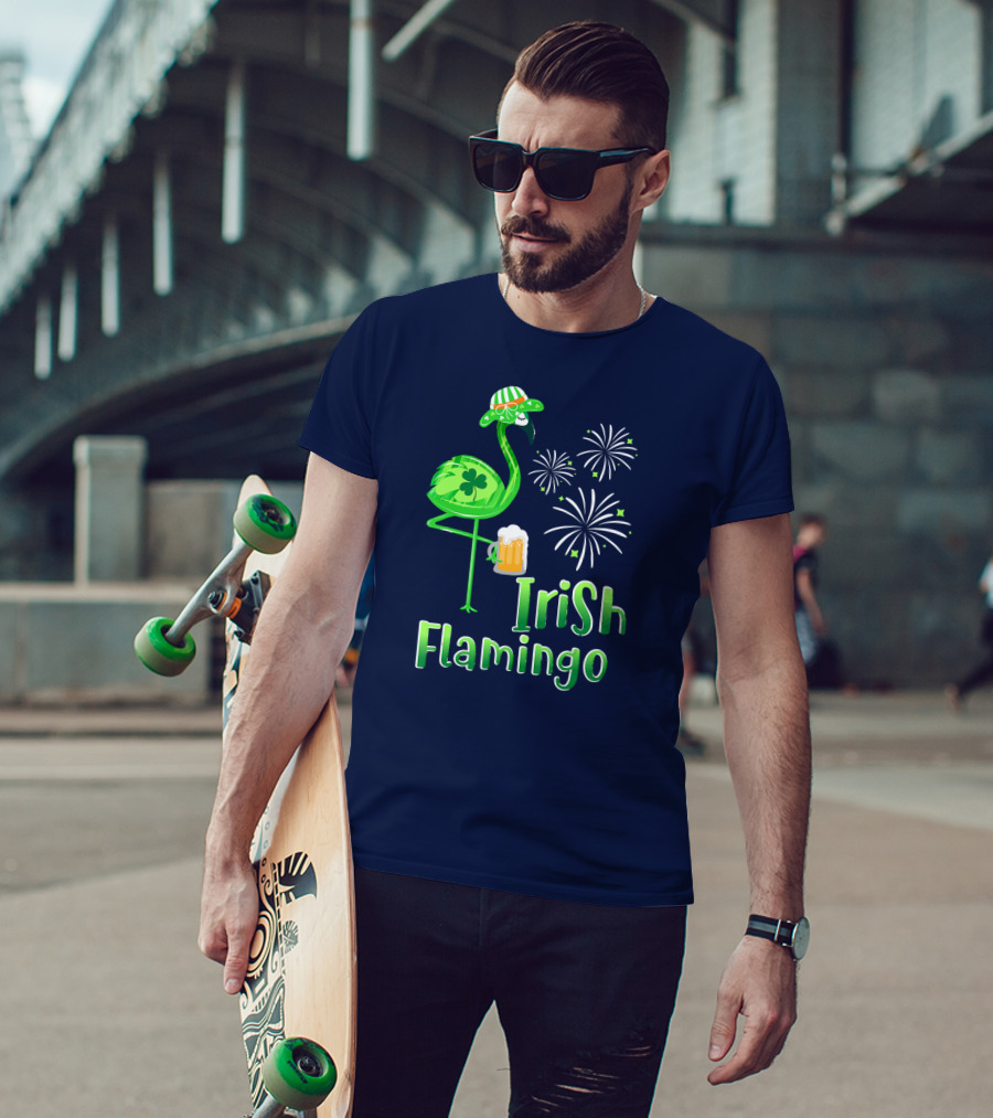 Irish Flamingo Drinking Beer St Patricks Day Shamrock Fireworks T-Shirt