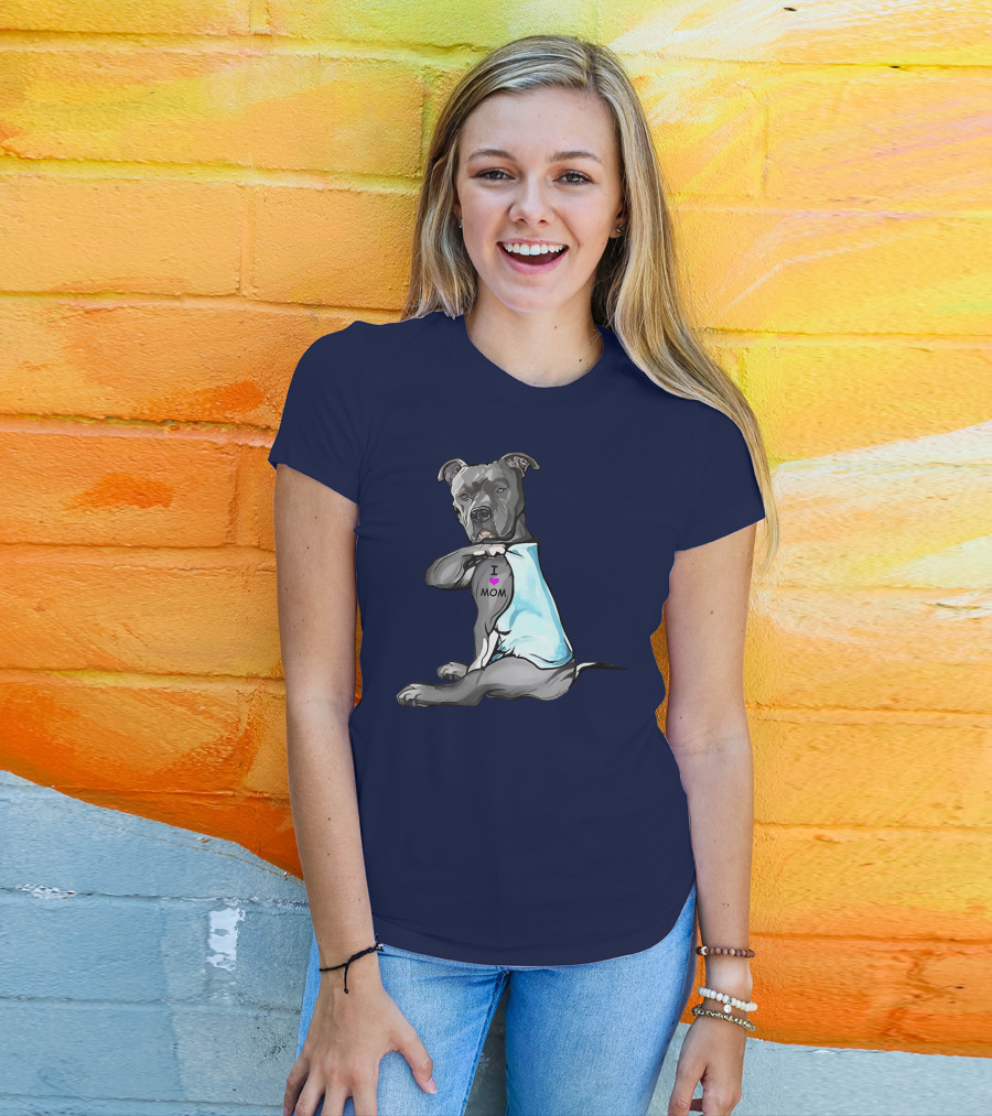 Funny Pitbull Dog I Love Mom Tattoo Trend Idea T-Shirt