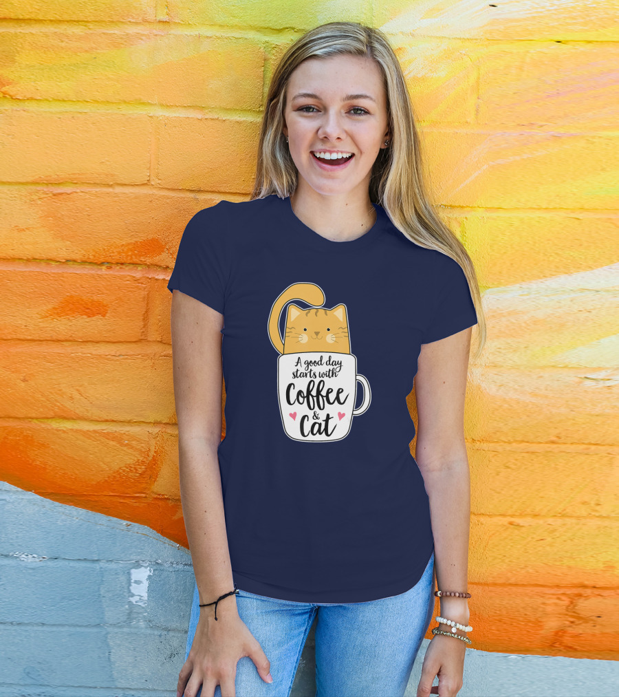 Funny Orange Cat A Good Day Starts With Coffee And Cat T-Shirt
