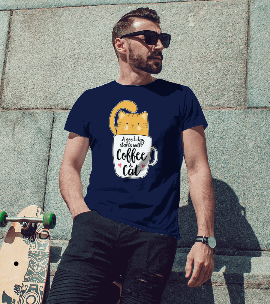Funny Orange Cat A Good Day Starts With Coffee And Cat T-Shirt